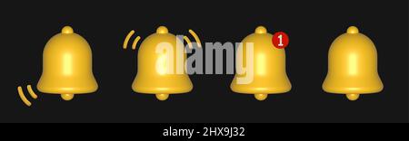 3d notification bells front view set isolated on black background. 3d render. Stock Vector