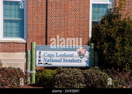 Beaufort, North Carolina, USA - February 14, 2022 :  National Parks sign in front of Cape Lookout National Seashore Visitors Center. Stock Photo