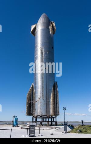 A 160' tall Starship prototype at the SpaceX assembly facility at Boca Chica, Texas. Stock Photo