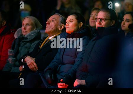 STOCKHOLM 20220310 Crown Princess Victoria and Prince Daniel and Jan Eliasson (next to Victoria), former Deputy Secretary-General of the United Nations,  attend the charity gala 'Sverige samlas och hjälper' ('Sweden get together to help') which was televised from Kungstradgarden park in Stockholm on Thursday night. The music gala collected funds for people afflicted by the war in Ukraine.  Foto: Henrik Montgomery / TT / kod 10060 Stock Photo