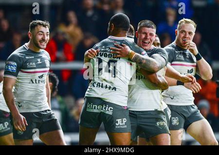 Leeds, UK. 10th Mar, 2022. Leeds, England - 10th March 2022 -Joe Lovodua  and Joe Cator of Hull FC celebrate Andre Savelio try Rugby League Betfred Super League Round 5 Leeds Rhinos vs Hull FC at Headingley Stadium, Leeds, UK  Dean Williams Credit: Dean Williams/Alamy Live News Stock Photo