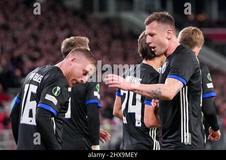 Eindhoven, Netherlands. 10th Mar, 2022. EINDHOVEN, NETHERLANDS - MARCH 10: Pep Biel of F.C. Copenhagen and Lukas Lerager of F.C. Copenhagen celebrate their sides second goal during the UEFA Conference League Round of 16 Leg One match between PSV Eindhoven and F.C. Copenhagen at the PSV Stadion on March 10, 2022 in Eindhoven, Netherlands (Photo by Patrick Goosen/Orange Pictures) Credit: Orange Pics BV/Alamy Live News Stock Photo