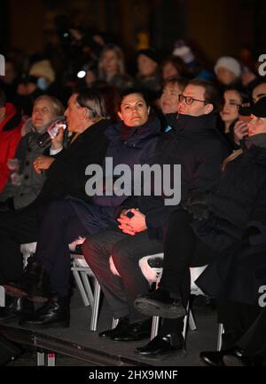 STOCKHOLM 20220310 Crown Princess Victoria and Prince Daniel and Jan Eliasson (next to Victoria), former Deputy Secretary-General of the United Nations,  attend the charity gala 'Sverige samlas och hjälper' ('Sweden get together to help') which was televised from Kungstradgarden park in Stockholm on Thursday night. The music gala collected funds for people afflicted by the war in Ukraine.  Foto: Henrik Montgomery / TT / kod 10060 Stock Photo