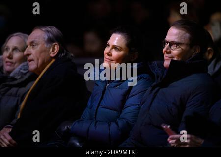 STOCKHOLM 20220310 Crown Princess Victoria and Prince Daniel and Jan Eliasson (next to Victoria), former Deputy Secretary-General of the United Nations,  attend the charity gala 'Sverige samlas och hjälper' ('Sweden get together to help') which was televised from Kungstradgarden park in Stockholm on Thursday night. The music gala collected funds for people afflicted by the war in Ukraine.  Foto: Henrik Montgomery / TT / kod 10060 Stock Photo