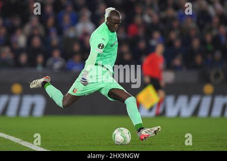 LEICESTER, UK. MAR 9TH Alfred Gomis of Rennes in action during the UEFA Europa Conference League Round of 16 match between Leicester City and Stade Rennais F.C. at the King Power Stadium, Leicester on Thursday 10th March 2022. (Credit: Jon Hobley | MI News ) Credit: MI News & Sport /Alamy Live News Stock Photo