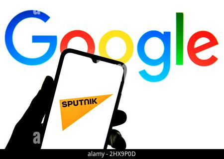 Spain. 9th Mar, 2022. In this photo illustration a Sputnik logo seen displayed on a smartphone with a Google logo in the background. (Credit Image: © Thiago Prudencio/SOPA Images via ZUMA Press Wire) Stock Photo