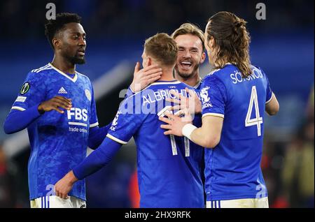 Left to right, Leicester City's Wilfred Ndidi, Marc Albrighton, James Maddison and Caglar Soyuncu celebrate following the UEFA Europa Conference League round of sixteen first leg match at the King Power Stadium, Leicester. Picture date: Thursday March 10, 2022. Stock Photo