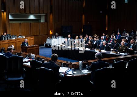 Washington DC, USA. 10th Mar, 2022. Christopher Wray, Director, Federal Bureau of Investigation, speaks at a Senate Intelligence Committee hearing. Credit: SOPA Images Limited/Alamy Live News Stock Photo