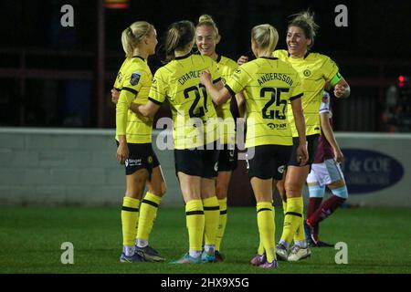 London, UK. 10th Mar, 2022. Chelsea celebrate their second goal during the FA Womens Super League game between West Ham Utd and Chelsea FC at Chigwell Construction Stadium in London, England Credit: SPP Sport Press Photo. /Alamy Live News Stock Photo
