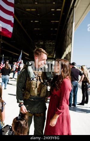 Marine Reuniting with Family at Miramar in San Diego Stock Photo