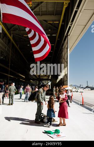 Marine Reuniting with Family at Miramar in San Diego Stock Photo