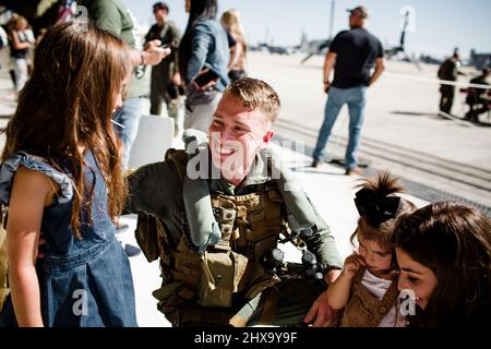 Marine Reuniting with Family at Miramar in San Diego Stock Photo