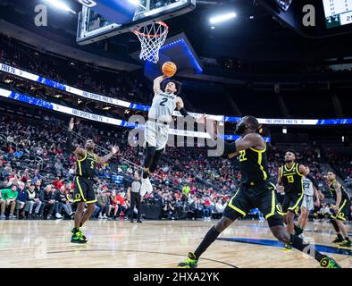 March 10 2022 Las Vegas, NV, U.S.A. Colorado guard KJ Simpson (2) slam dunks in the first half during the NCAA Pac12 Men's Basketball Tournament Quarterfinals game between Oregon Ducks and the Colorado Buffaloes at T- Mobile Arena Las Vegas, NV. Thurman James/CSM Stock Photo