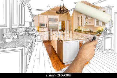 Before and After of Man Painting Roller to Reveal Newly Remodeled Kitchen Under Pencil Drawing Plans. Stock Photo
