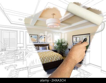 Before and After of Man Painting Roller to Reveal Newly Remodeled Master Bedroom Under Pencil Drawing Plans. Stock Photo