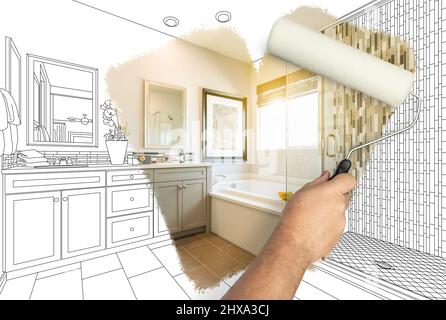 Before and After of Man Painting Roller to Reveal Newly Remodeled Bathroom Under Pencil Drawing Plans. Stock Photo