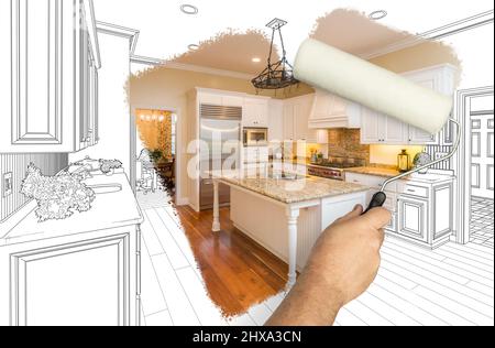Before and After of Man Painting Roller to Reveal Newly Remodeled Kitchen Under Pencil Drawing Plans. Stock Photo
