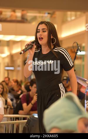 Lauren Jauregui, singer and former member of Fifth Harmony, performs in the rotunda on August 17, 2019, in Bloomington, Minnesota at Mall of America. Stock Photo