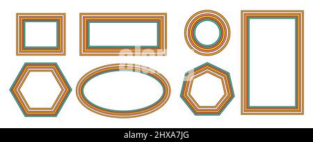 set of rainbow frames in 1970s hippie style. patterns retro vintage 70s groove. collection of round frame, star, rhombus and square. vector Stock Vector