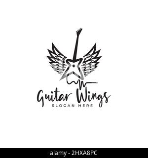 Electric Guitar logo with wings Music shop vintage label grunge style template design elements Stock Vector