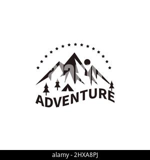 Summer camp and outdoor adventure illustration logo, mountain, coat of arms Stock Vector