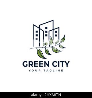 Line art urban design logo, eco-friendly high rise building. Stock Vector