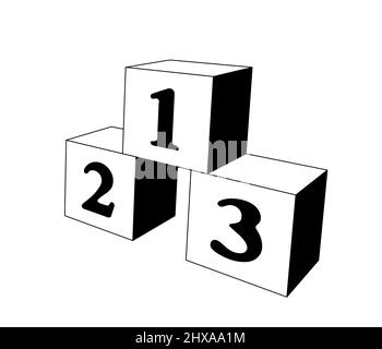 123 math numbers blocks, 3d simple black and white blocks for kids. perspective view illustration isolated on white background Stock Photo