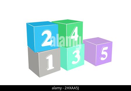 3d illustration of building blocks with numbers from one to five. isolated on white background, perspective view Stock Photo