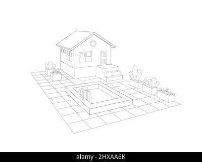 3d small house exterior design with pool area and garden with potted plants. perspective view Stock Photo