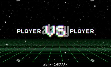 Versus sign with arcade game style with pixel letters over synthwave landscape. 80s styled VS emblem for competition poster. Stock Vector
