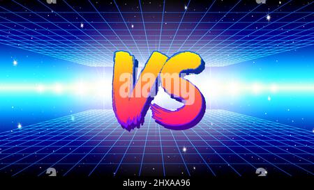 VS sign in 80s game style with synthwave landscape and brush painted letters. Versus symbol for battle or competition poster Stock Vector