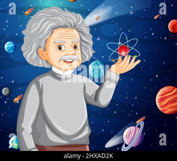 Portrait of Albert Einstein in cartoon style on space background illustration Stock Vector