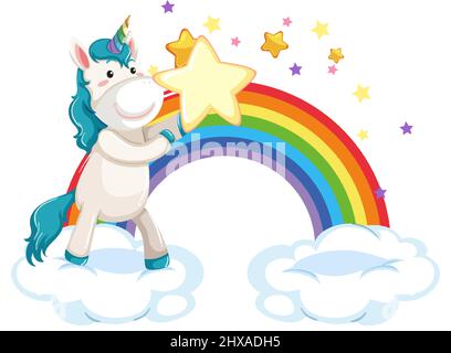 Unicorn standing on a cloud with rainbow in cartoon style illustration Stock Vector