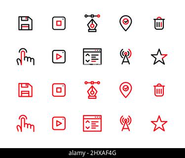 2 color scheme ui icons. Floppy disk, pointed pen, map pointer, tap and other. Pixel perfect, editable stroke Stock Vector