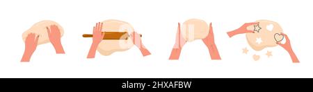 Kneading dough hands. Woman rolls homemade dough with rolling pin. Top view. Cooking school. Stay home and cook healthy food by recipe. Vector Stock Vector