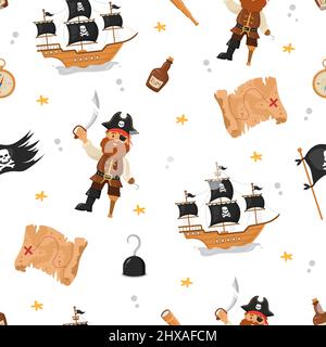 Seamless pattern with pirate ship, flag and captain. Childish vector illustration in flat cartoon style. Hand drawn fabric design or package paper Stock Vector
