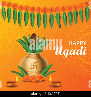 Happy Ugadi Poster vector illustration. Marigold flowers and Mango leaves. Traditional Indian festival with mandala and decoration Stock Vector