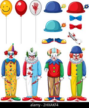 Set of creepy clown characters and elements illustration Stock Vector