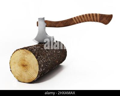 Wood logs and axe isolated on white background. 3D illustration. Stock Photo