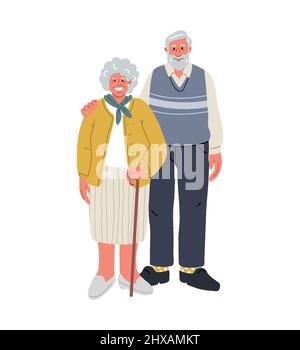 Happy seniors people.Man with bart,woman with cane.Very old people.Vector flat Stock Vector