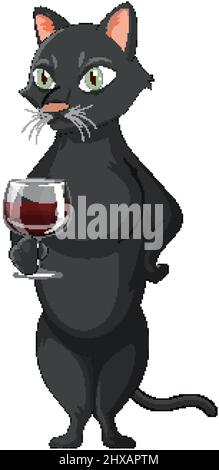 A cat standing and drinking wine on white background illustration Stock Vector