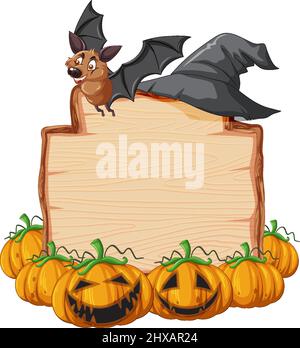 Blank wooden signboard with bat in halloween theme illustration Stock Vector