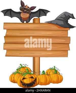 Blank wooden signboard with bat in halloween theme illustration Stock Vector