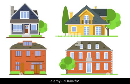 Houses exterior vector illustration front view with roof. Modern. Townhouse building apartment. Home facade with doors and windows. Stock Vector