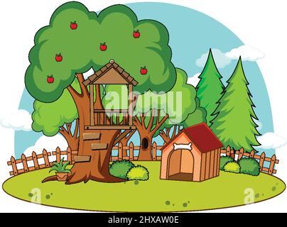 A simple tree house and doghouse in nature background illustration Stock Vector