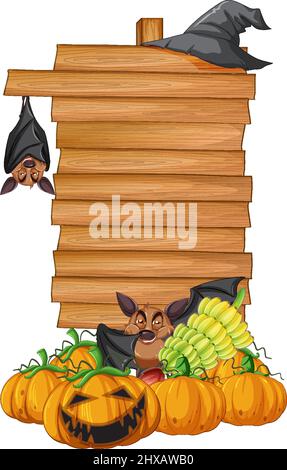 Blank wooden signboard with bat in halloween theme illustration Stock Vector