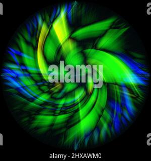 A 3D rendering of an abstract bright green and blue spiral isolated on black background Stock Photo