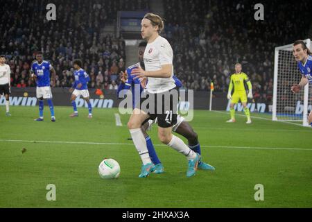 Leicester, UK. 10th Mar, 2022. Lovro Majer of Stade Rennais during the UEFA Conference League, Round of 16, 1st leg football match between Leicester City and Stade Rennais (Rennes) on March 10, 2022 at King Power Stadium in Leicester, England - Photo Laurent Lairys / DPPI Credit: DPPI Media/Alamy Live News Stock Photo