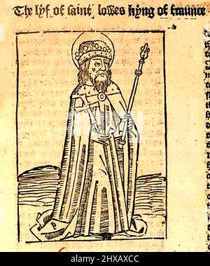 15th century woodcut showing Saint Lewis / Louis of France (King) as printed by William Caxton ( 1422-1491/92) in his translation of  'The Golden Legend' or  'Thus endeth the legende named in Latyn legenda aurea that is to saye in Englysshe the golden legende' by Jacobus, de Voragine, (Circa 1229-1298). Stock Photo