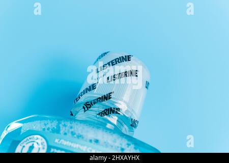 Tyumen, Russia-February 06, 2022: Listerine logo blue background is an American brand of antiseptic mouthwash. Stock Photo